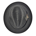 Montique black vented straw fedora hat top view with feather detail