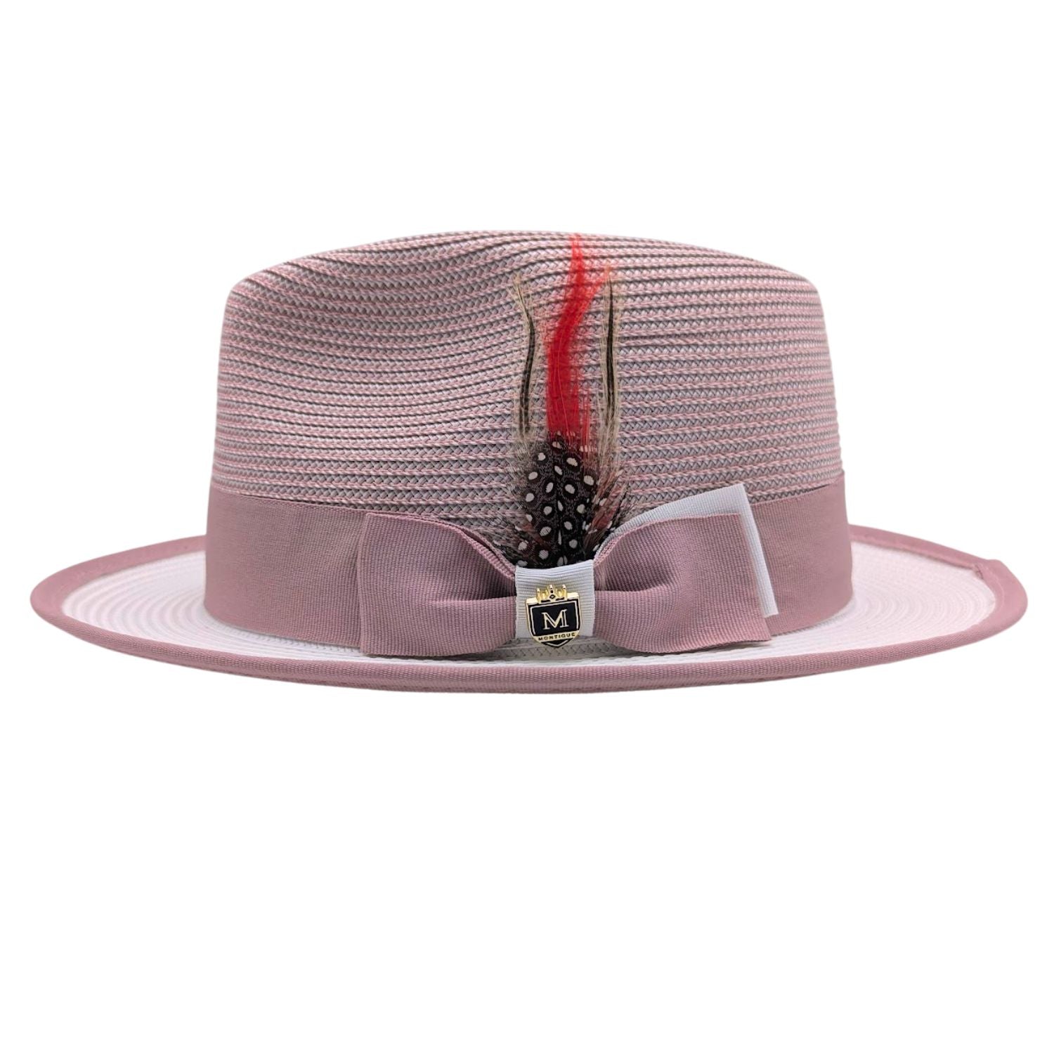 Blush and white Montique fedora hat side view with blush bow band, white brim, feather accent, and Montique pin