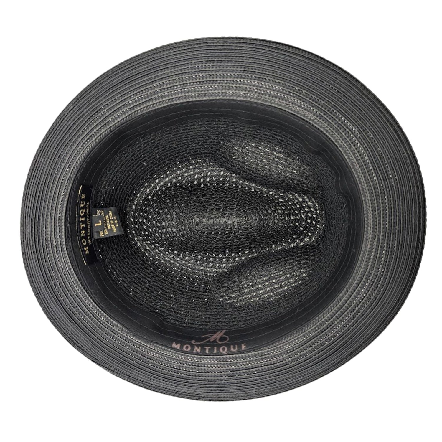 Montique black vented straw fedora hat inside view with branded sweatband