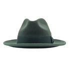 front view of hunter green wool felt fedora hat showing pinch crown, matching band, and wide brim