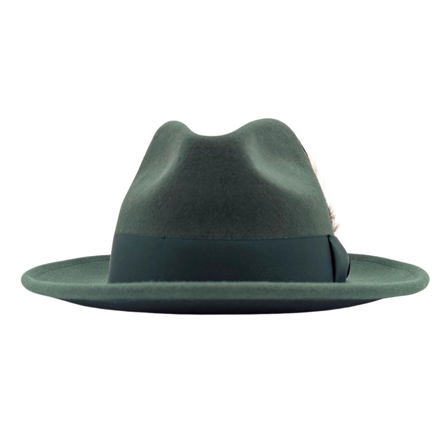 front view of hunter green wool felt fedora hat showing pinch crown, matching band, and wide brim