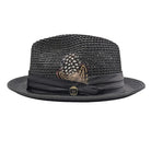 Montique black vented straw fedora hat side view with feather and ribbon band
