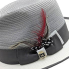 Montique grey and white straw fedora hat close up of feather bow and woven crown