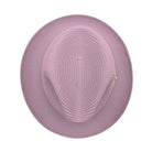 Mauve Montique fedora hat top view with wide brim, pinch crown, woven texture, and side logo pin