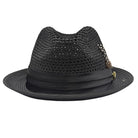 Montique black vented straw fedora hat back view with braided crown and feather accent