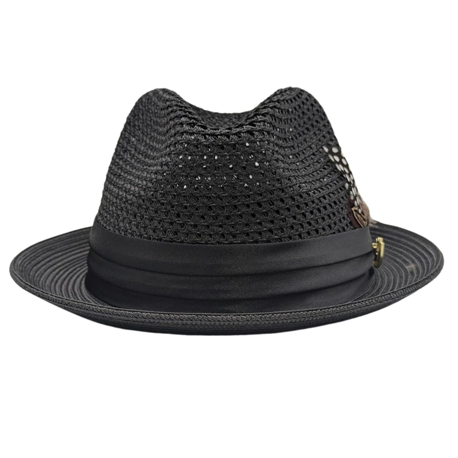 Montique black vented straw fedora hat back view with braided crown and feather accent
