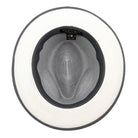 Montique grey and white straw fedora hat inside view with sweatband lining