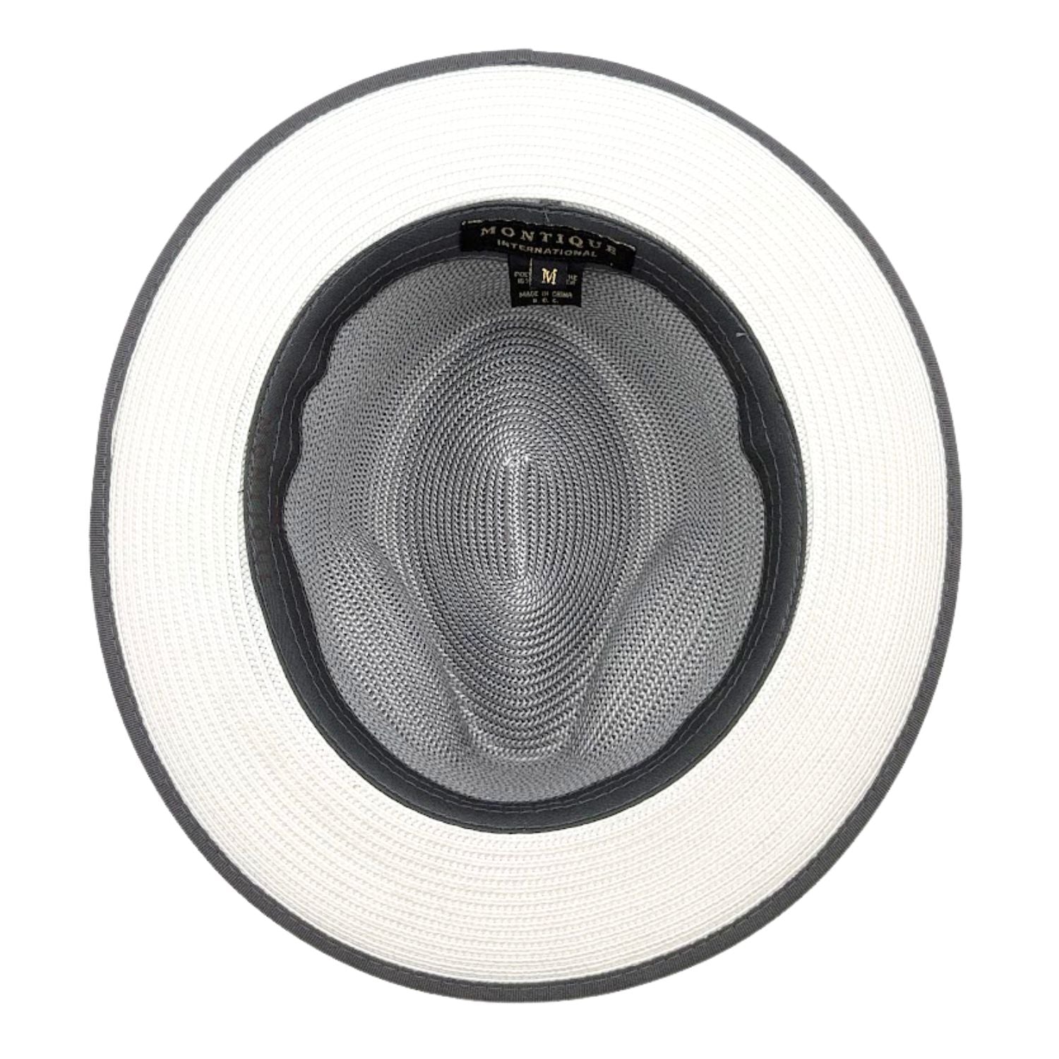 Montique grey and white straw fedora hat inside view with sweatband lining