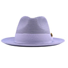 Lilac Montique fedora hat back view with matching ribbon band, wide brim, and gold side pin