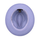 Lilac Montique fedora hat interior view with matching brim, inner sweatband, and branded label
