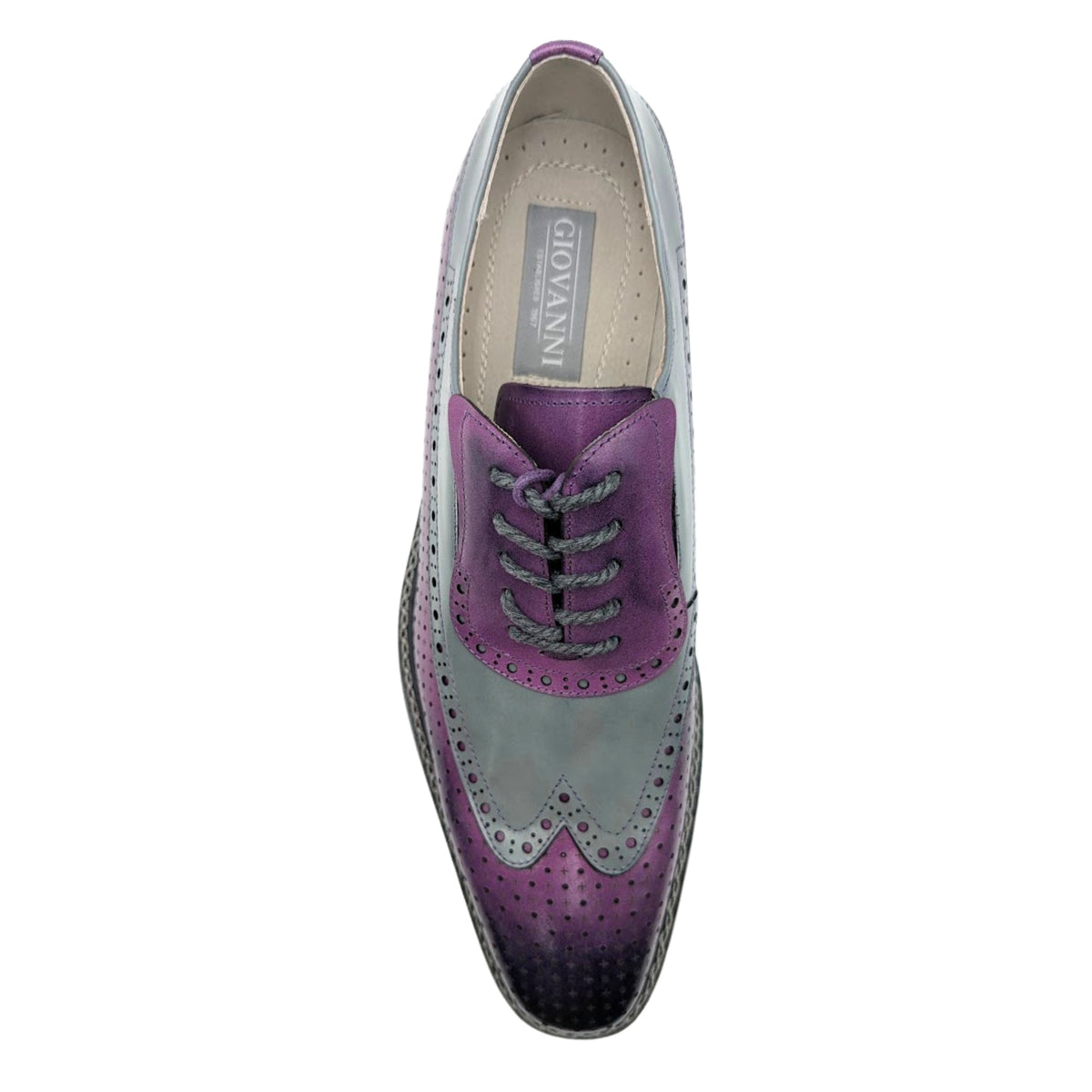 purple and grey wingtip oxford dress shoe with brogue detailing top view