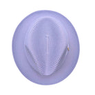 Lilac Montique fedora hat top view with wide brim, pinch crown, woven texture, and side logo pin