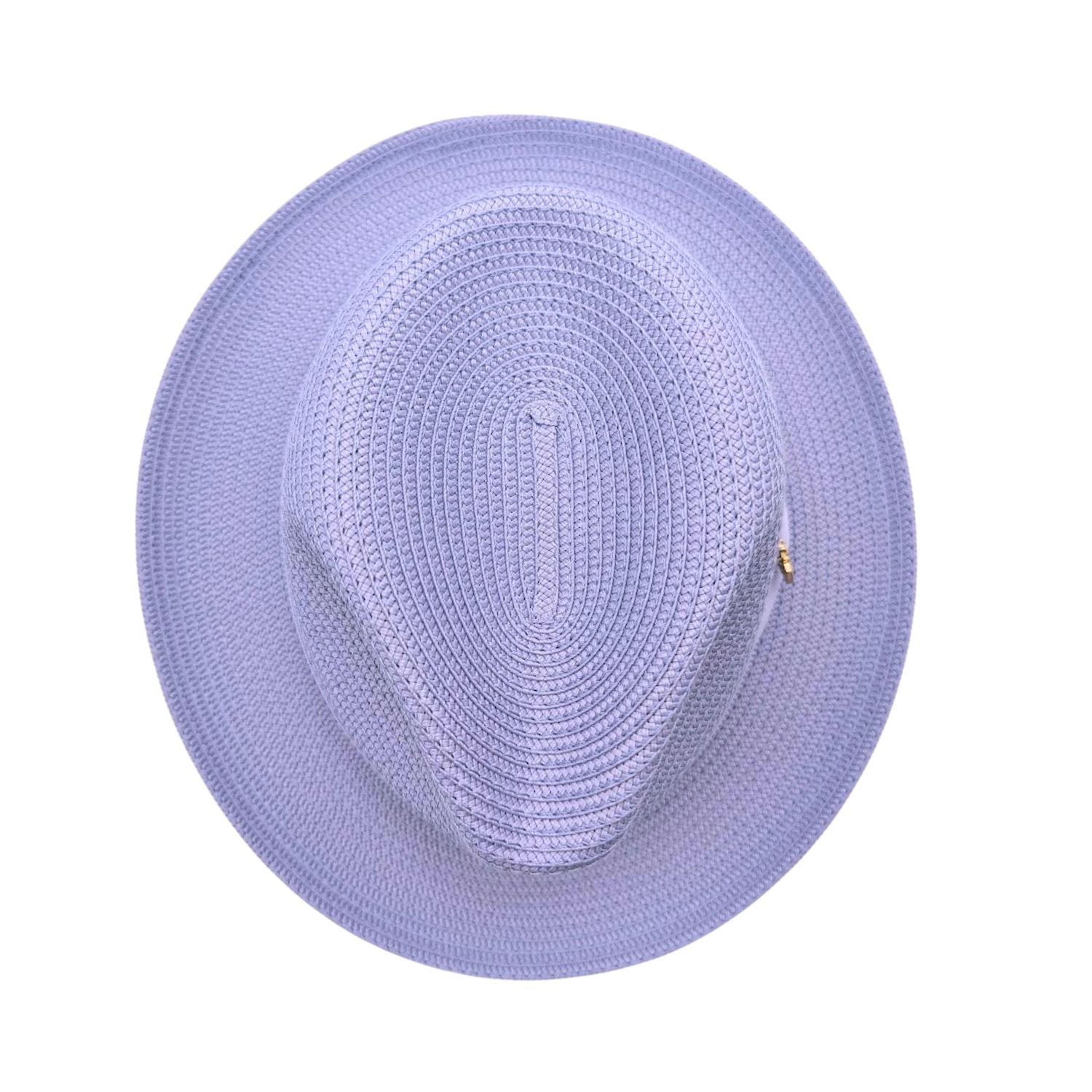 Lilac Montique fedora hat top view with wide brim, pinch crown, woven texture, and side logo pin