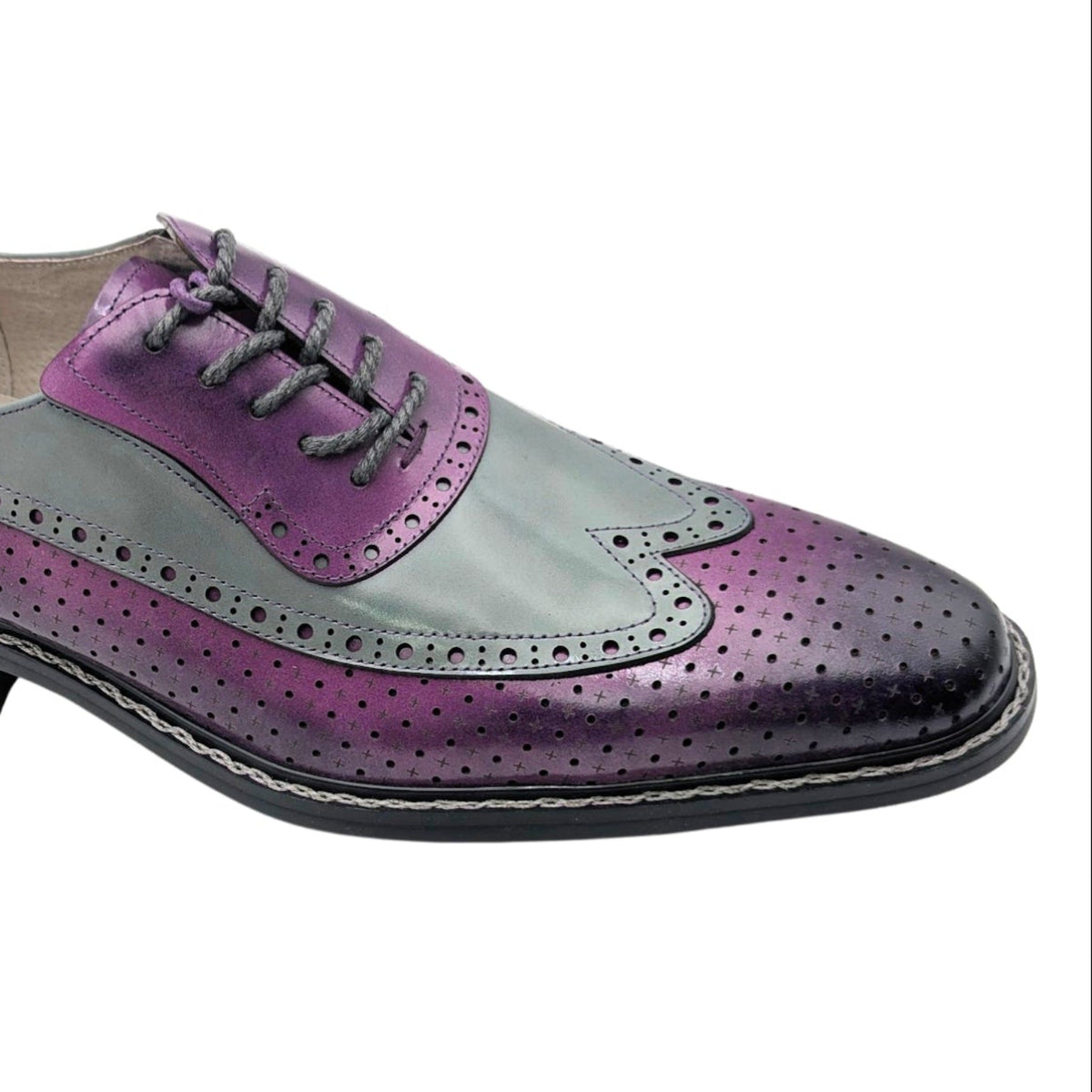 purple and grey wingtip oxford dress shoe with perforated brogue detailing side view close-up