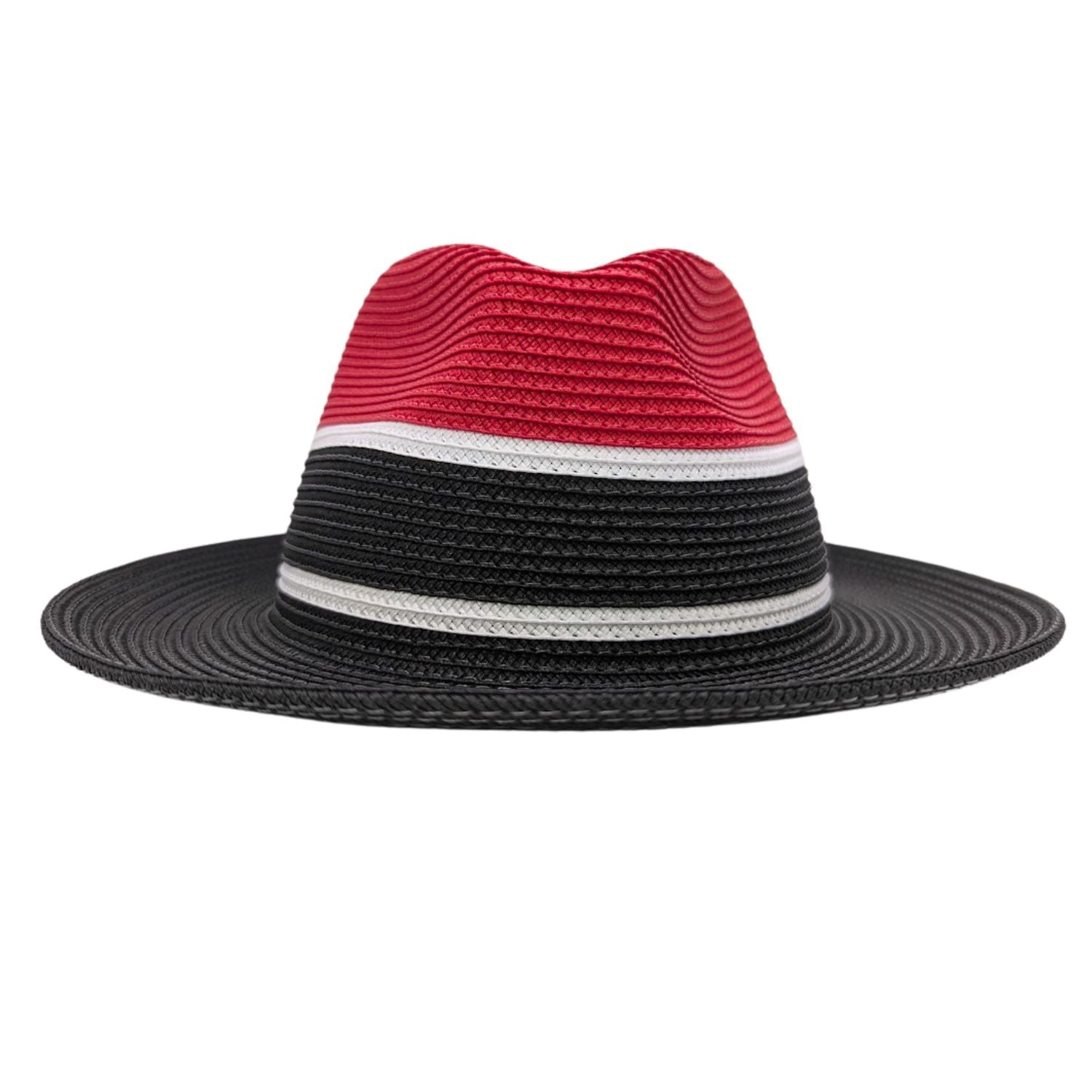 Montique red black and white straw fedora hat back view with striped band