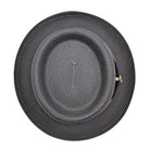Grey pork pie hat top view showing woven crown pattern, brim shape, and burgundy side band detail