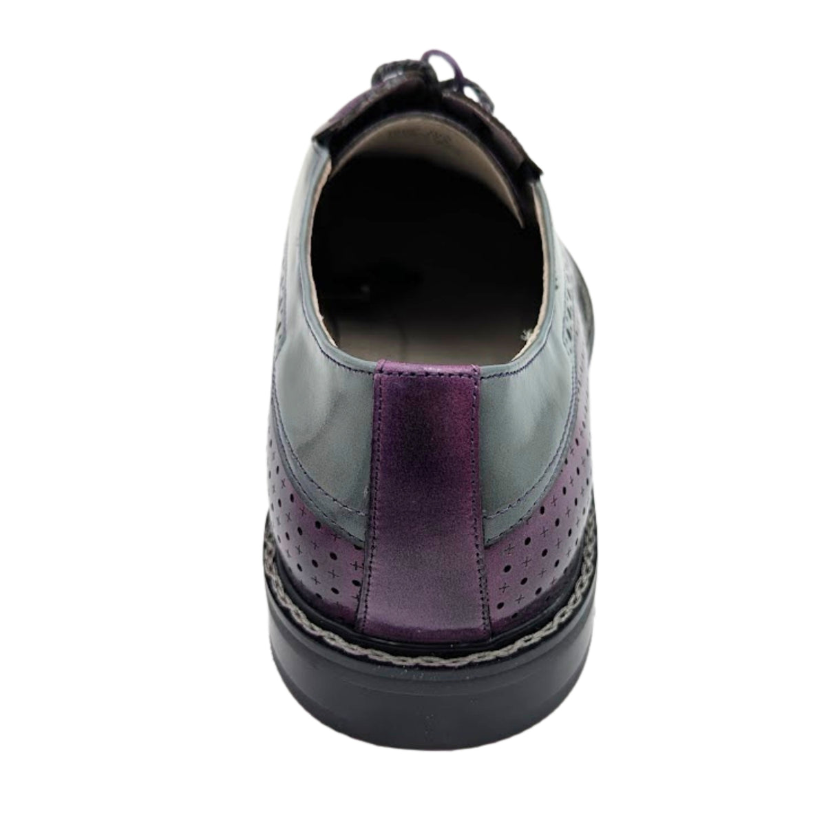 purple and grey wingtip oxford dress shoe rear view