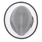 Montique grey and white straw fedora hat top view with grey brim trim