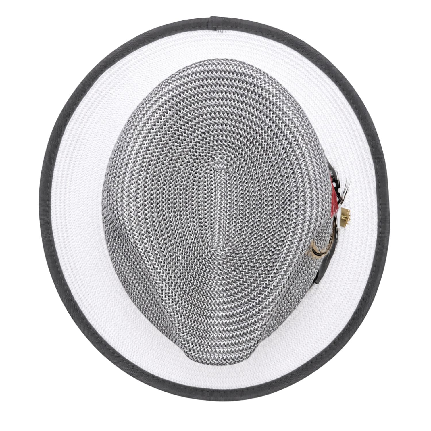 Montique grey and white straw fedora hat top view with grey brim trim