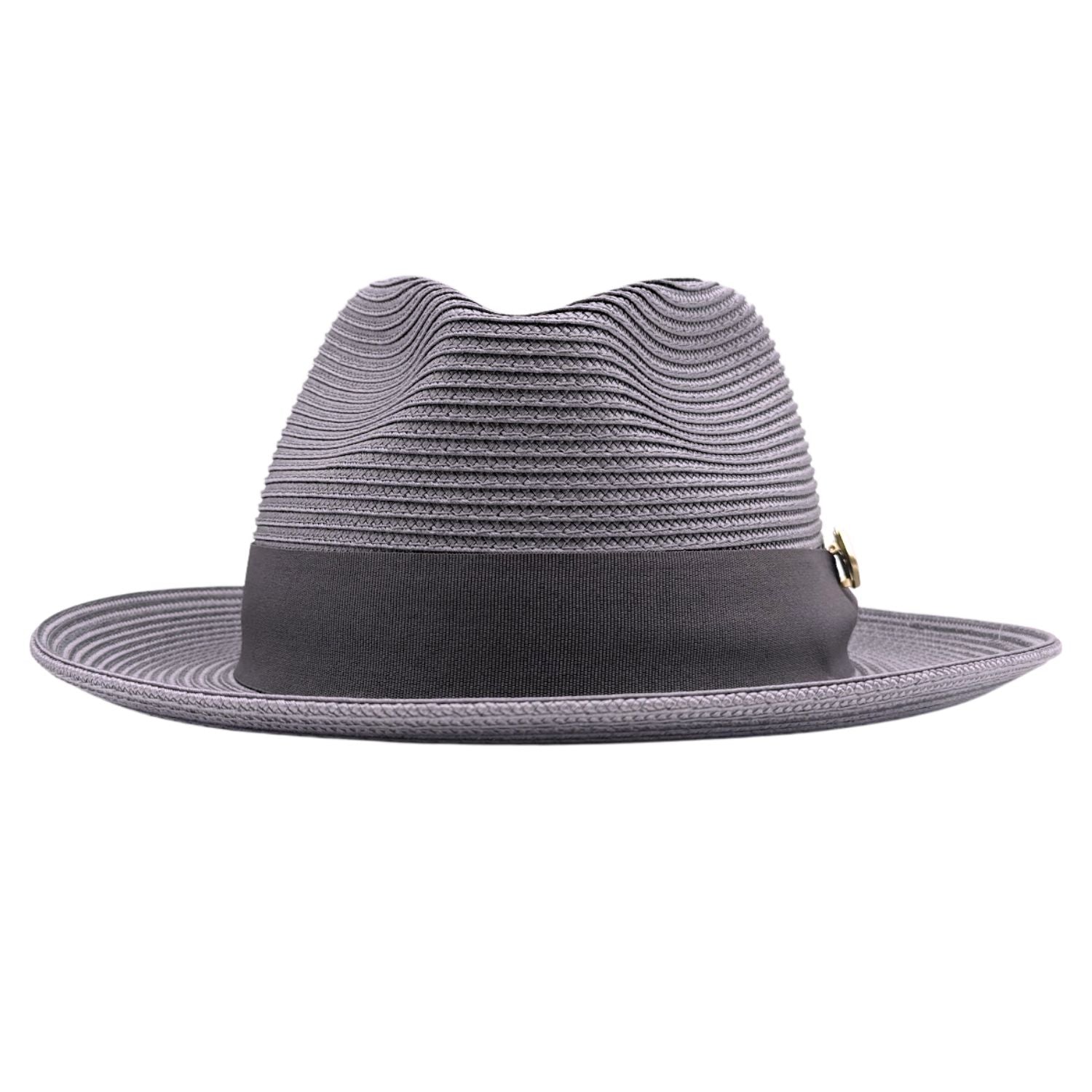 grey Montique fedora hat front view with matching ribbon band, wide brim, and gold side pin