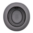 Grey pork pie hat interior view with woven crown, inner sweatband, and structured brim