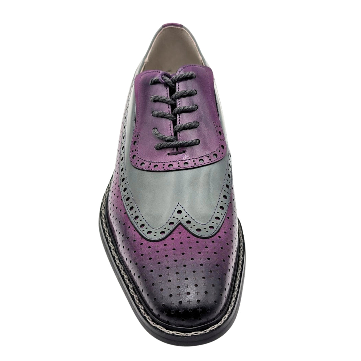 purple and grey wingtip oxford dress shoe with brogue detailing front view
