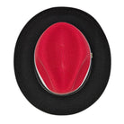 Montique red black and white straw fedora hat top view with red crown and black brim