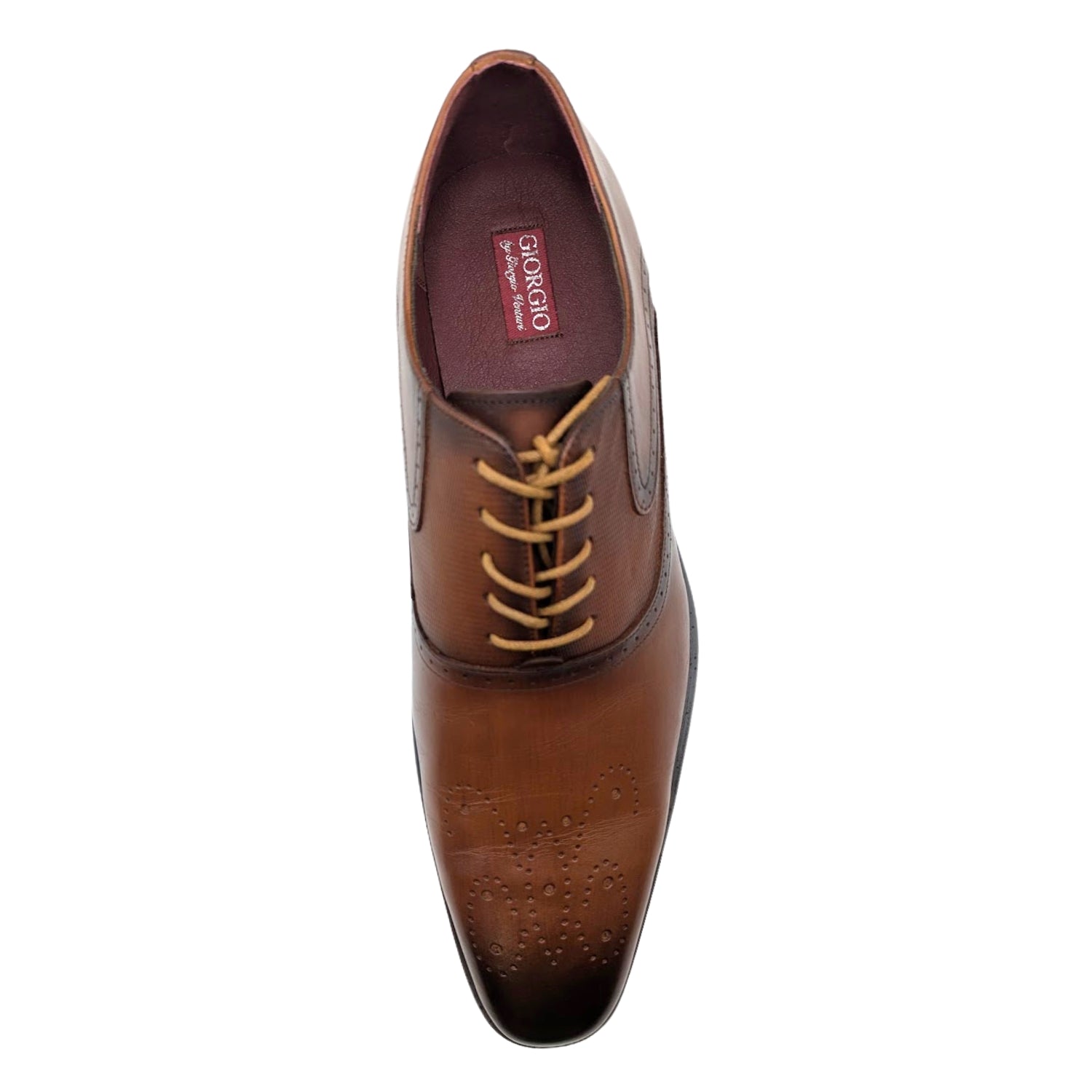 men's tan medallion toe lace-up oxford dress shoe top view