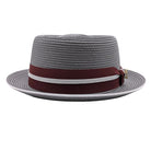 Grey pork pie hat front view showing burgundy grosgrain band and white trim detail