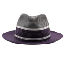 Montique purple and gray straw fedora hat back view with striped band and purple brim