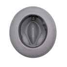 grey Montique fedora hat interior view with matching brim, inner sweatband, and branded label