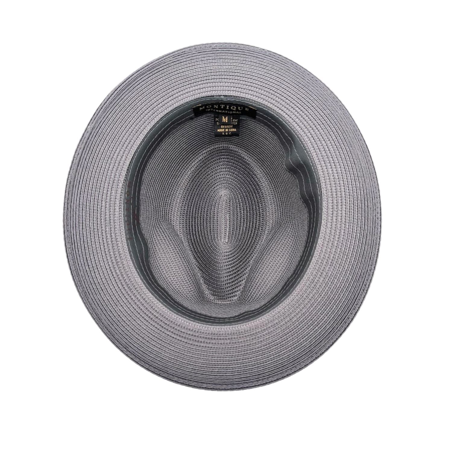 grey Montique fedora hat interior view with matching brim, inner sweatband, and branded label