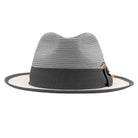 Montique grey and white straw fedora hat front view with feather and bow band