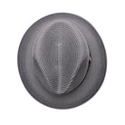 grey Montique fedora hat top view with wide brim, pinch crown, woven texture, and side logo pin