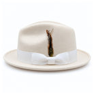 White Montique Lightfelt wide brim wool felt fedora hat side view with pinch crown and black grosgrain band