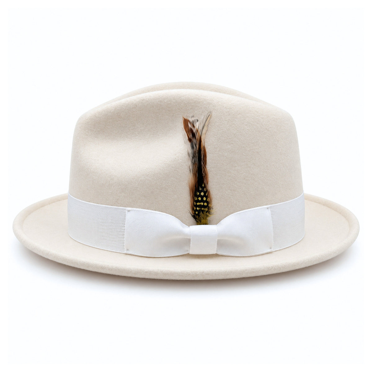 White Montique Lightfelt wide brim wool felt fedora hat side view with pinch crown and black grosgrain band