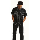black short sleeve walking suit with embroidered fabric design and contrast stitching front view