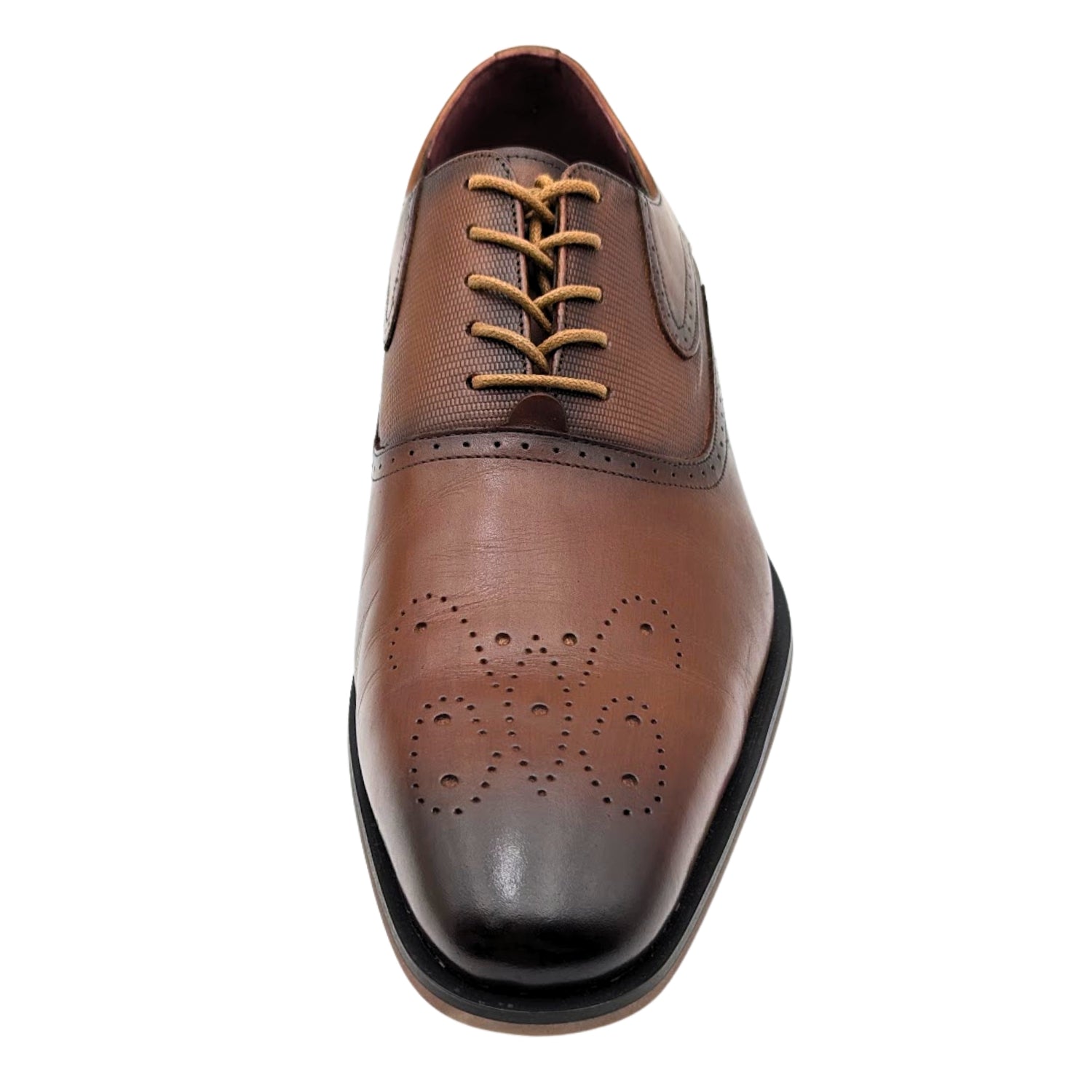 men's tan medallion toe oxford dress shoe front view