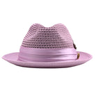 Lavender Montique fedora hat front view with wide brim, open weave crown, smooth satin band, and side pin detail