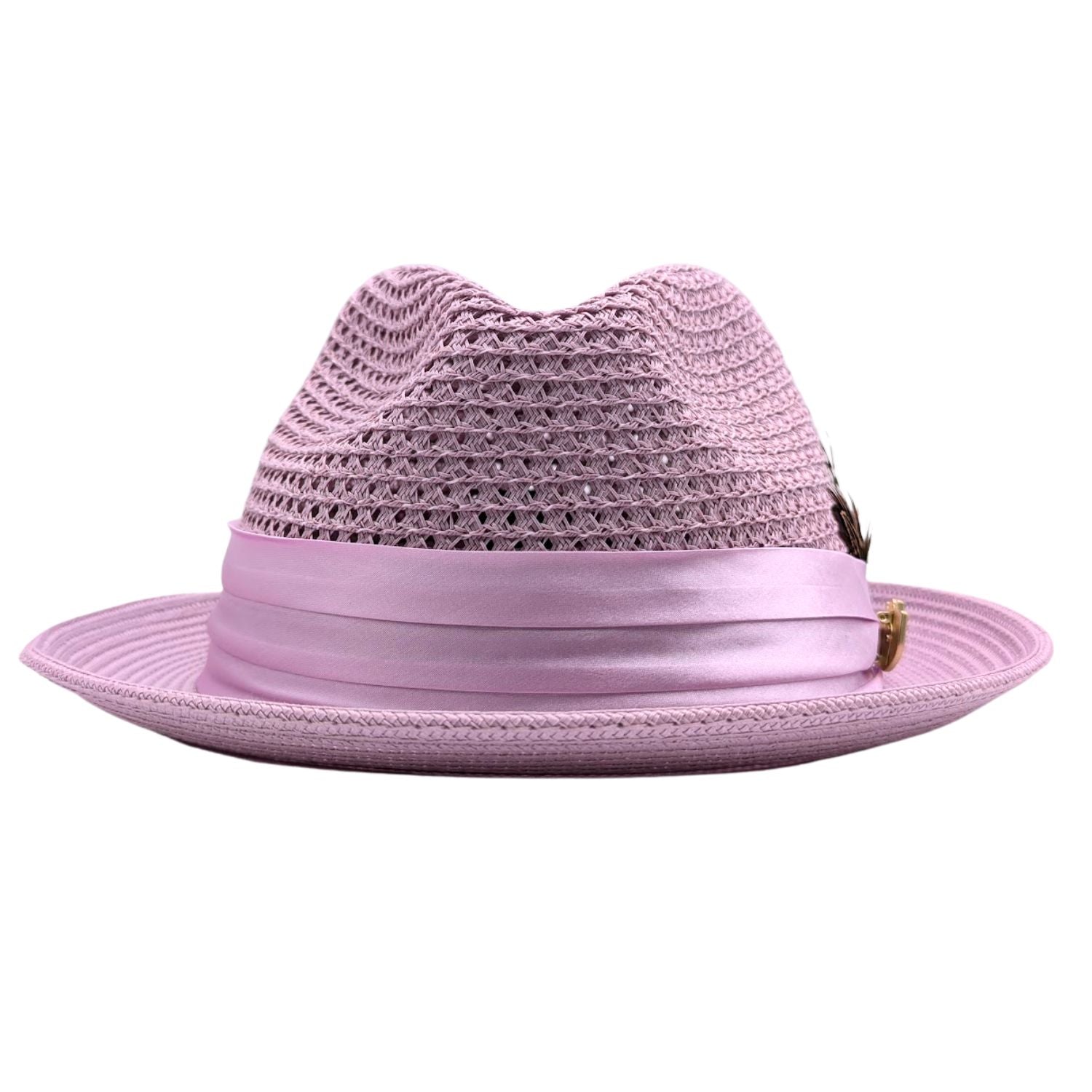 Lavender Montique fedora hat front view with wide brim, open weave crown, smooth satin band, and side pin detail