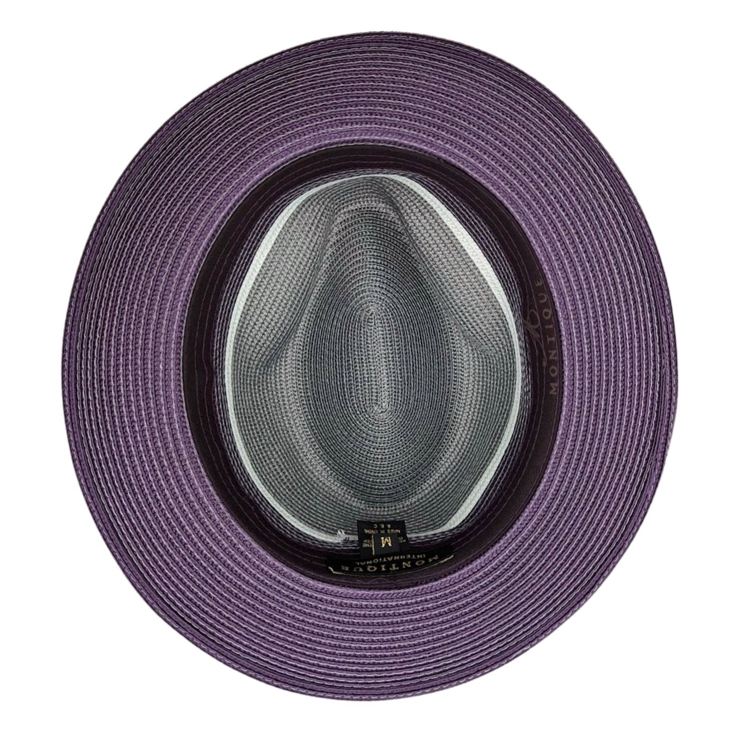 Montique purple and gray straw fedora hat inside view with branded sweatband