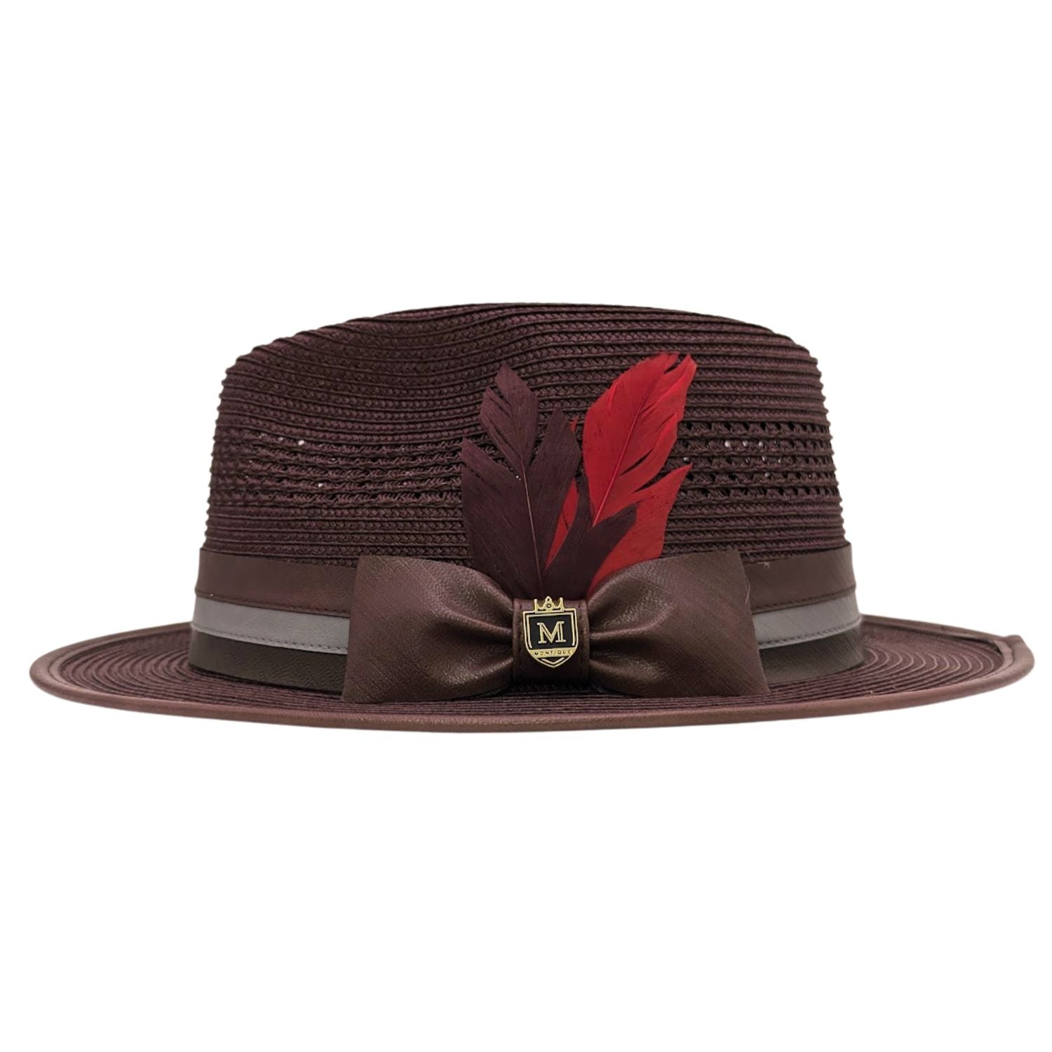 Montique brown straw fedora hat side view with bow, feather, and layered band