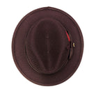 Montique brown straw fedora hat top view showing woven crown and brim