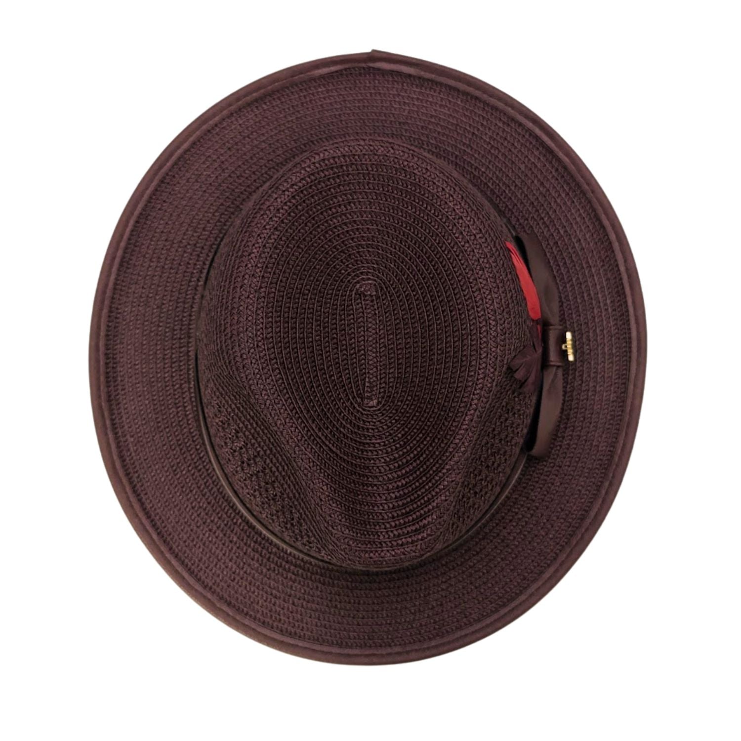 Montique brown straw fedora hat top view showing woven crown and brim