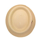 Beige Montique pork pie straw hat top view showing flat crown, woven straw construction, and short brim