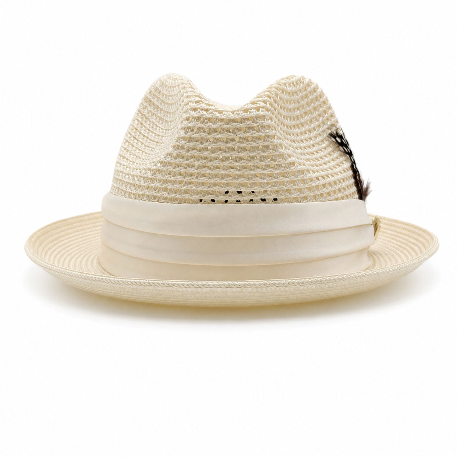 Montique ivory vented straw fedora hat front view with matching ribbon band
