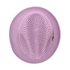 Lavender Montique fedora hat top view with brim, open weave crown, and side feather detail