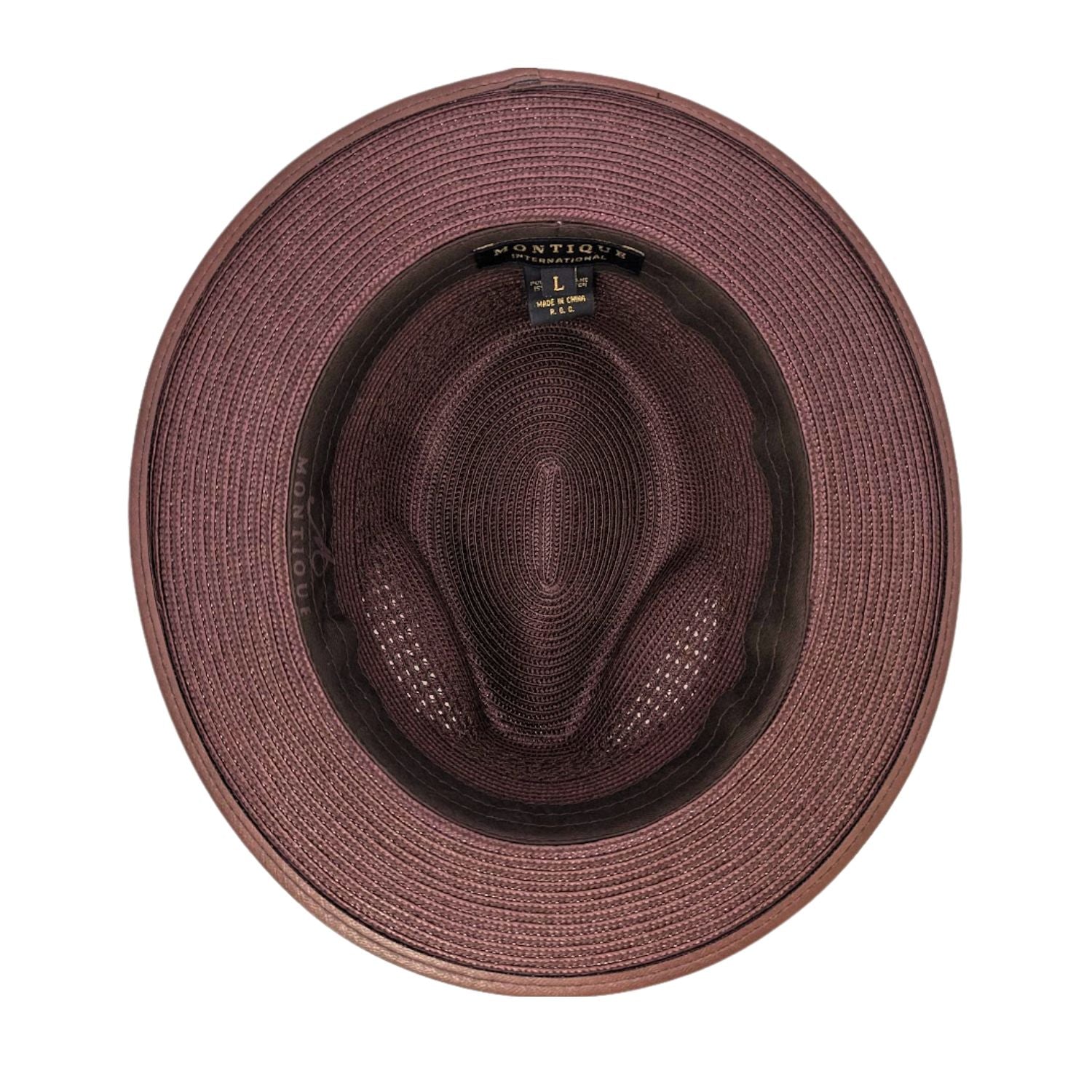 Montique brown straw fedora hat inside view with branded lining