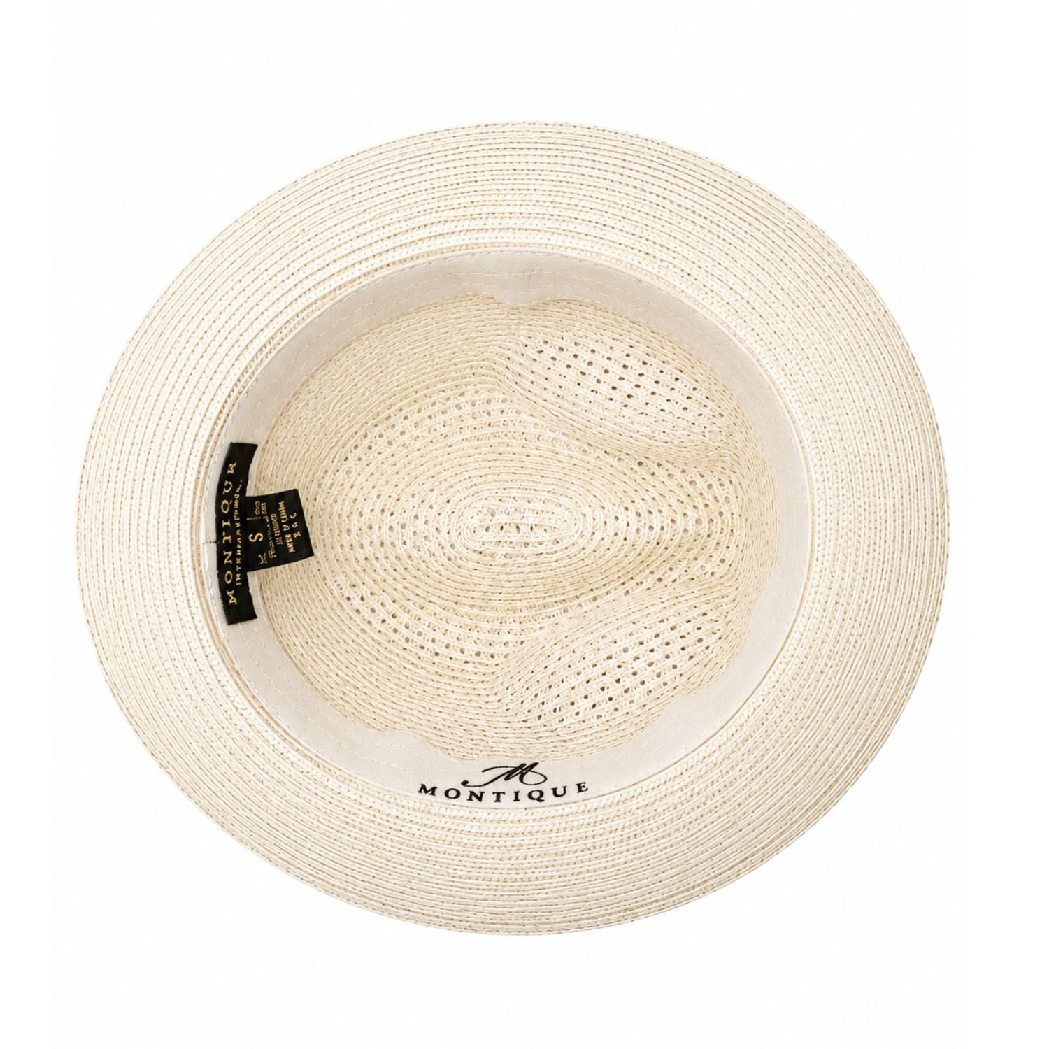 Montique ivory vented straw fedora hat inside view with branded sweatband