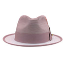 Blush and white Montique fedora hat front view with blush woven crown, open weave side panel, blush band, and white brim